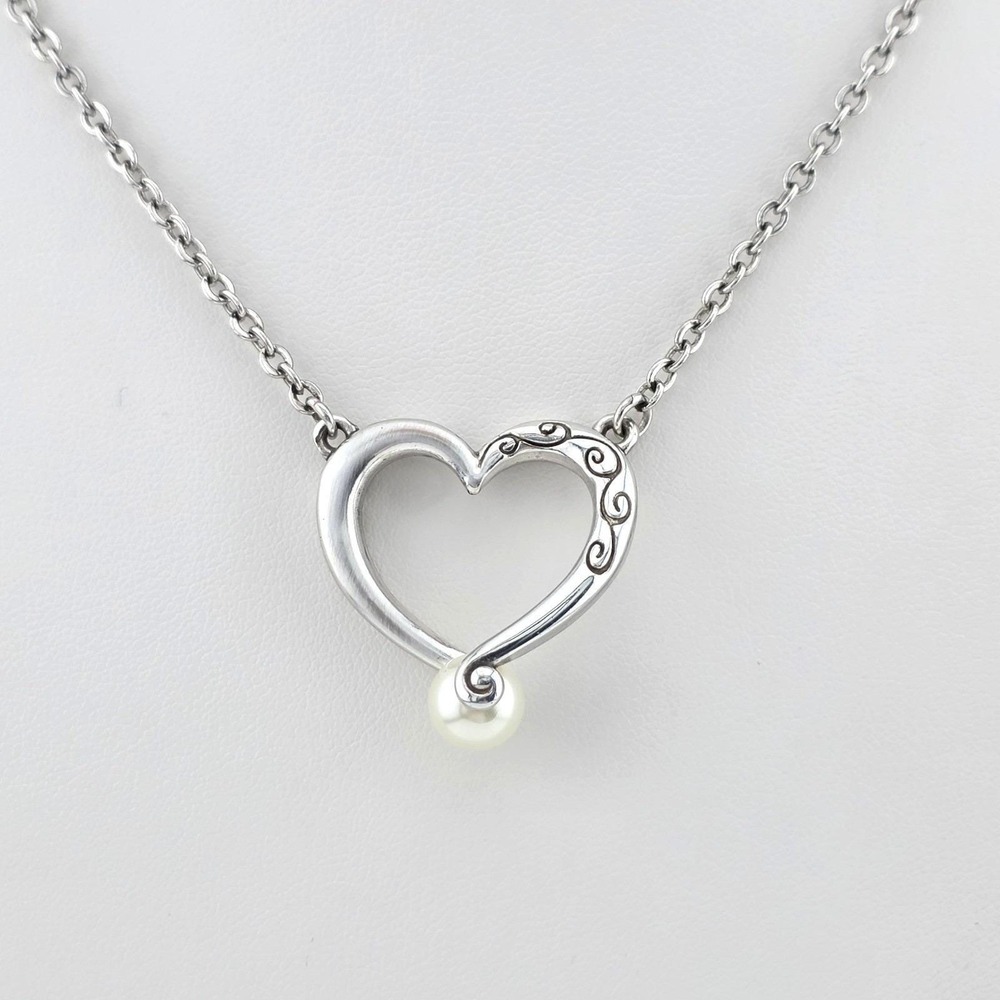 BRIGHTON 'Adorenme' Necklace Reversible Open Heart Faux Pearl‎ Silver Plate 18"